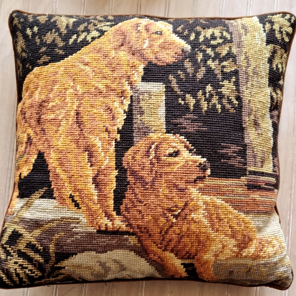 Golden Retriever Needlepoint Throw Pillow in Gold and Brown